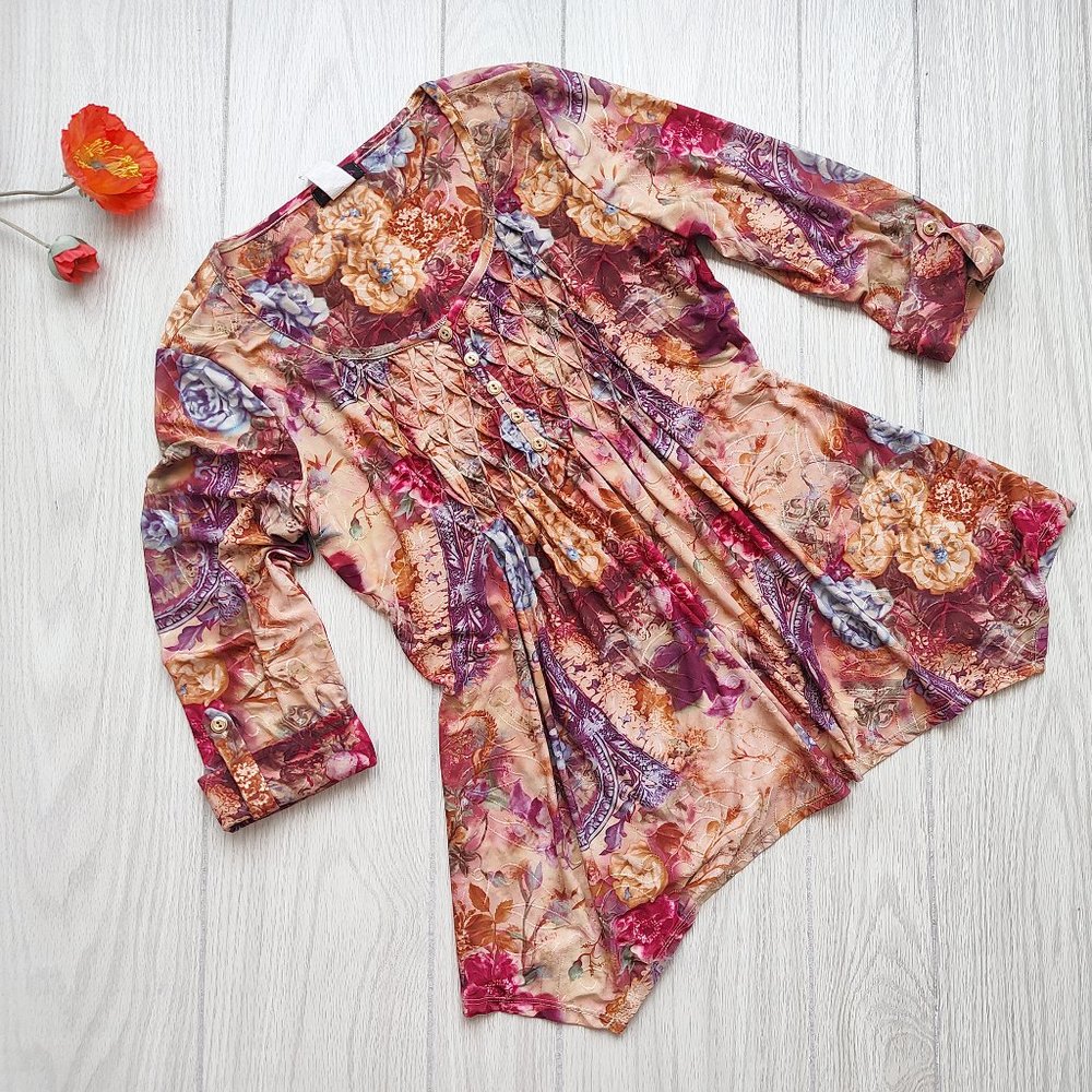 Vintage Y2k 00s Pintuck Stretch Top Cocomo Floral Grunge Whimsigoth Fairycore M